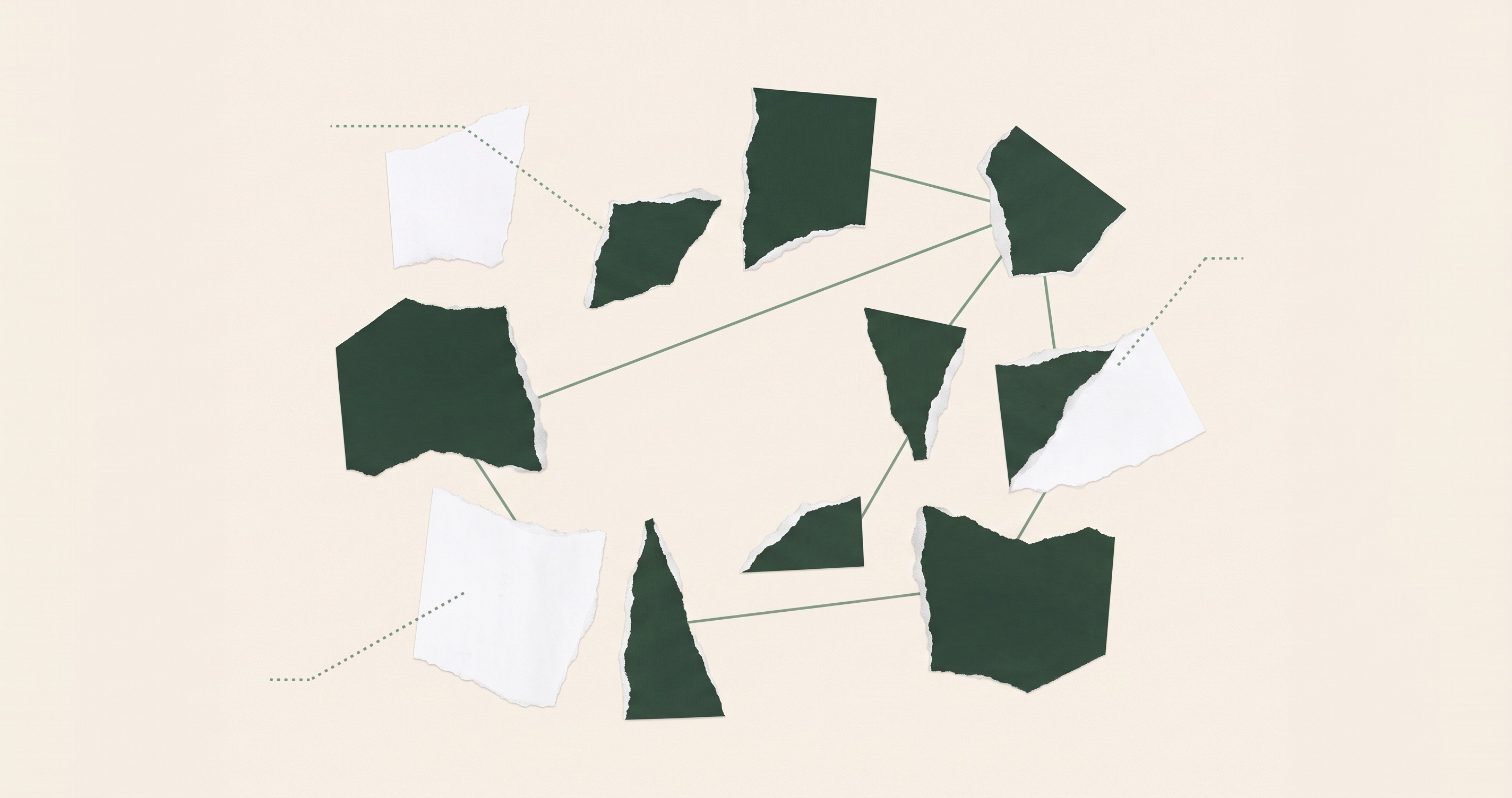 Fragmentos de papel rasgado unidos por líneas finas, algunas continuas y otras de puntos