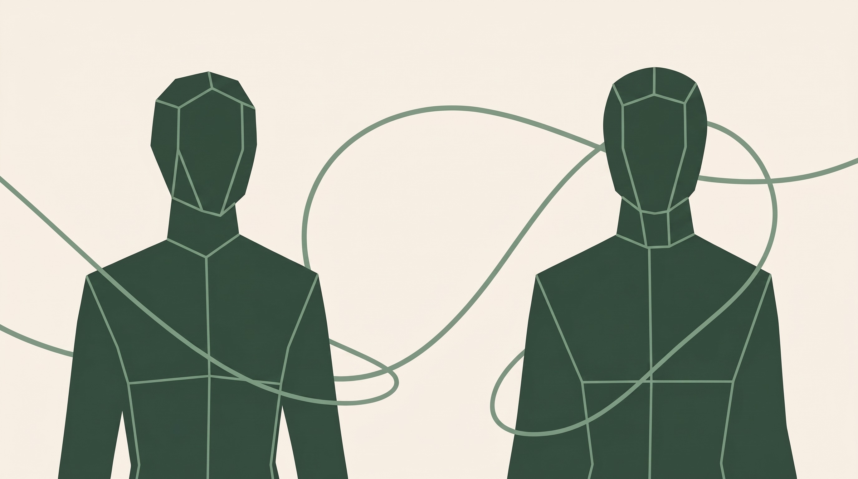 Dos figuras abstractas frente a frente con una línea inacabada entre ellas